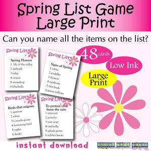Large Print Printable Spring List Game, Spring Party Game Printable, Spring Outburst board game, family game night, seniors party game