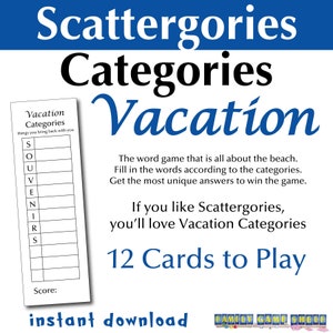 Printable Scattergories Categories Vacation Word Game, Vacation games printable, family game night board game