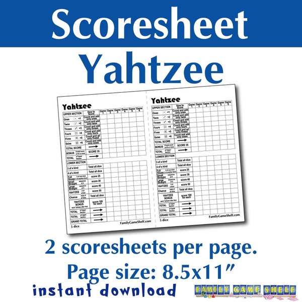 Printable Yahtzee Score Sheet, Print at home Yahtzee Score card for family game night