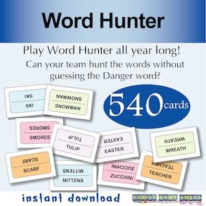 Paquet de cartes de jeu de mots saisonnier imprimable, paquet saisonnier Word Hunter, jeux de fête pour adultes, jeux de fête pour adolescents, jeux de déduction de mots