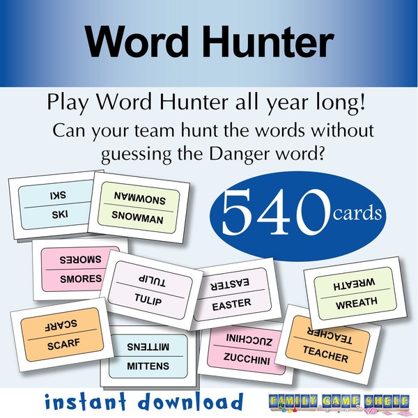 Printable Seasonal Word Game Cards Bundle, Word Hunter Seasonal Bundle, Adult Party games, Teen party games, Word Deduction games