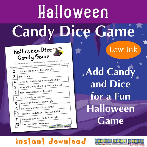 Printable Halloween Candy Dice Game, Halloween Party Game, Halloween Dice Game, Printable Halloween Dice Game, Candy Halloween Printable