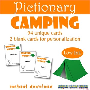 Printable Camping Pictionary ou Charades Cards, Camping party game, Printable Pictionary game, family game night, summer party