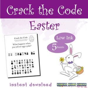 Op de afbeelding: Een afdrukbare codekraakactiviteit met paasthema voor kinderen. De afbeelding toont een zwart-witte illustratie van een ei met een code, een lettertabel en de tekst "Crack the Code" en "What happens when you tell an egg a joke?"