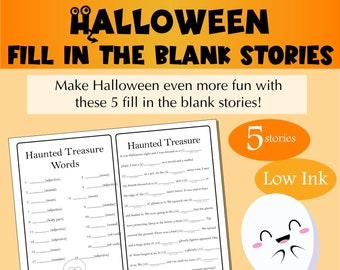 Printable Halloween Fill in the Blank Stories, Halloween Stories for kids, Halloween Ghost story, Halloween party game, Halloween favors