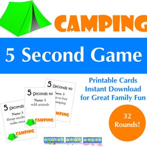 Jeu de camping en 5 secondes, thème camping de cartes de jeu en cinq secondes, jeu de fête de camping, jeu de camping à imprimer, jeu de camping à imprimer en 5 secondes