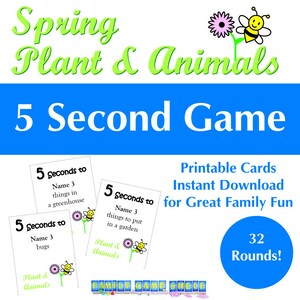 Puede incluir: Cartas de juego imprimibles con un diseño de abeja y flor. Las cartas son azules y blancas con el texto "5 Seconds to" e instrucciones para un juego de temática primaveral. El texto "32 Rounds!" está en un círculo azul.