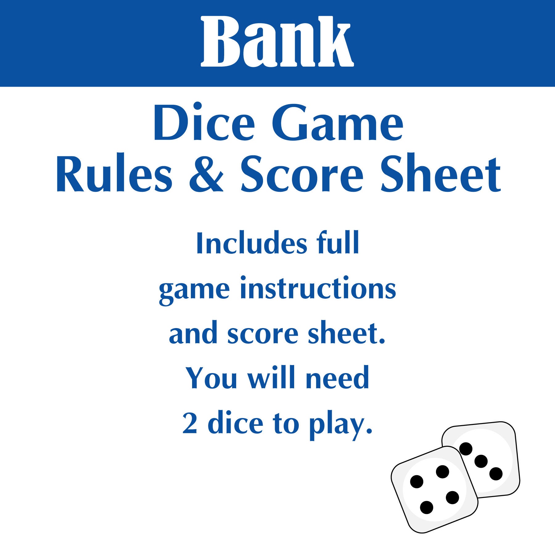 Bank Dice Game Printable Family Game for Game Night or Board