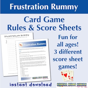 Schede punteggi stampabili Frustration Rummy, regole del gioco di carte per la serata di gioco in famiglia Frustration Rummy, scheda punteggi PDF