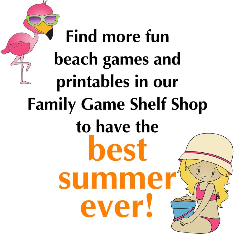 K&ouml;nnte beinhalten: Ein pinkfarbener Flamingo und ein M&auml;dchen in einem Sonnenhut und Badeanzug, das einen Eimer Sand h&auml;lt. Der Text lautet: "Find more fun beach games and printables in our Family Game Shelf Shop to have the best summer ever!"