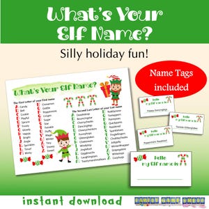 Elf Name Generator, What&#39;s your Elf name Christmas party game printable and name tag