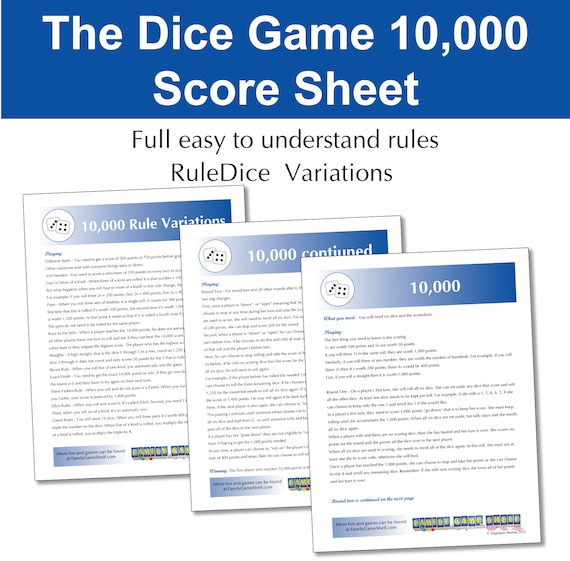 Printable Rules and Score Sheet for the Dice Game 10000 for 