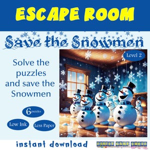 Puede incluir: Un juego de escape room con el tema de salvar a los muñecos de nieve. El juego presenta 6 rompecabezas y está etiquetado como "Nivel 2". La imagen muestra una habitación con una ventana y muñecos de nieve de pie en fila. El texto "Save the Snowmen" está escrito en una fuente grande en la parte superior de la imagen.