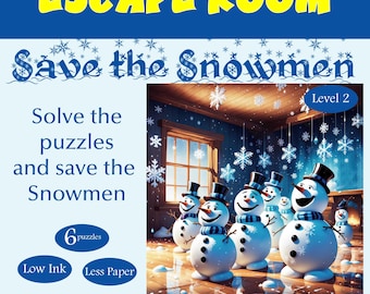 May include: An escape room game themed around saving snowmen. The game features 6 puzzles and is labeled "Level 2". The image shows a room with a window and snowmen standing in a line. The text "Save the Snowmen" is written in a large font at the top of the image.