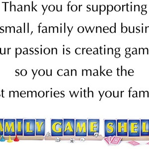 May include: A blue and yellow sign with the text "FAMILY GAME SHELF" in white letters. The sign is decorated with game pieces, dice, and playing cards.
