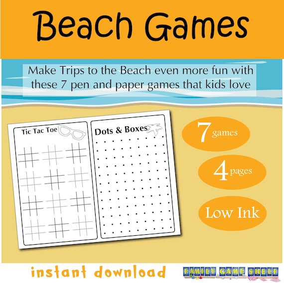 Printable Pen and Paper Games for the Beach, Beach party games, summer games, printable beach games, Travel games for kids