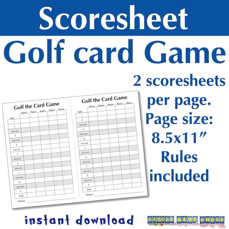 Printable Golf Card Game With Score Sheet, Rules and Card Game