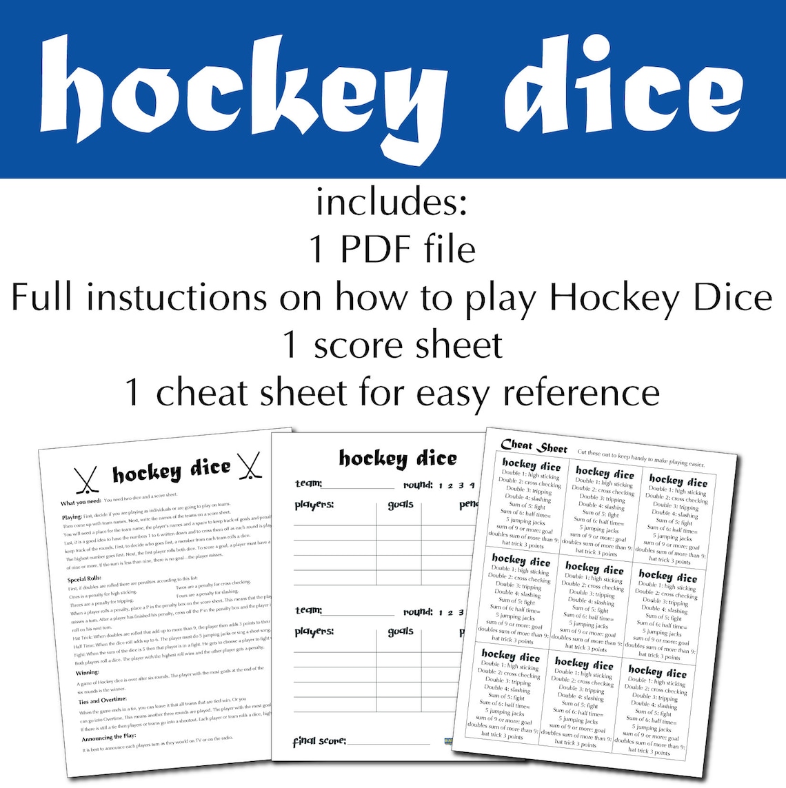 Hockey Dice Game, Printable Dice Game Hockey, Hockey Dice Game, Sports