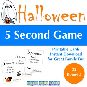Puede incluir: Un juego de mesa imprimible de Halloween de 5 segundos con 32 rondas. El juego incluye cartas con indicaciones como "Nombra 3 cosas en una película de terror" y "Nombra 3 lugares donde cuelgan los murciélagos".