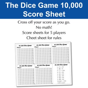 Cross off your score as you go. No Math! Score sheets for5 players. Cheat sheet for rules