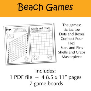 K&ouml;nnte beinhalten: Schwarzwei&szlig;es druckbares PDF-Dokument mit 7 verschiedenen Spielbrettern zum Thema Strand. Die Spiele beinhalten: Tic Tac Toe, Punkte und K&auml;stchen, Connect Four, Hex, Sterne und Flossen, Muscheln und Krabben und Meisterwerk. Das PDF-Dokument ist 8,5 Zoll mal 11 Zoll gro&szlig;.