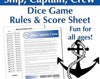 Ship Captain Crew Dice Game Rules and Score Sheet for Family Game Night
