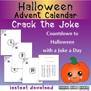 Utskrivbar Halloween-skämtkalender för barn, Halloween-nedräkning, knäck koden-pussel, Halloween-aktivitet