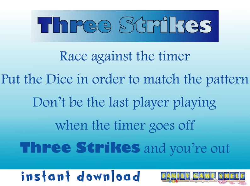 Printable Family Fun Dice Game Three Strikes, Printable Dice Game for