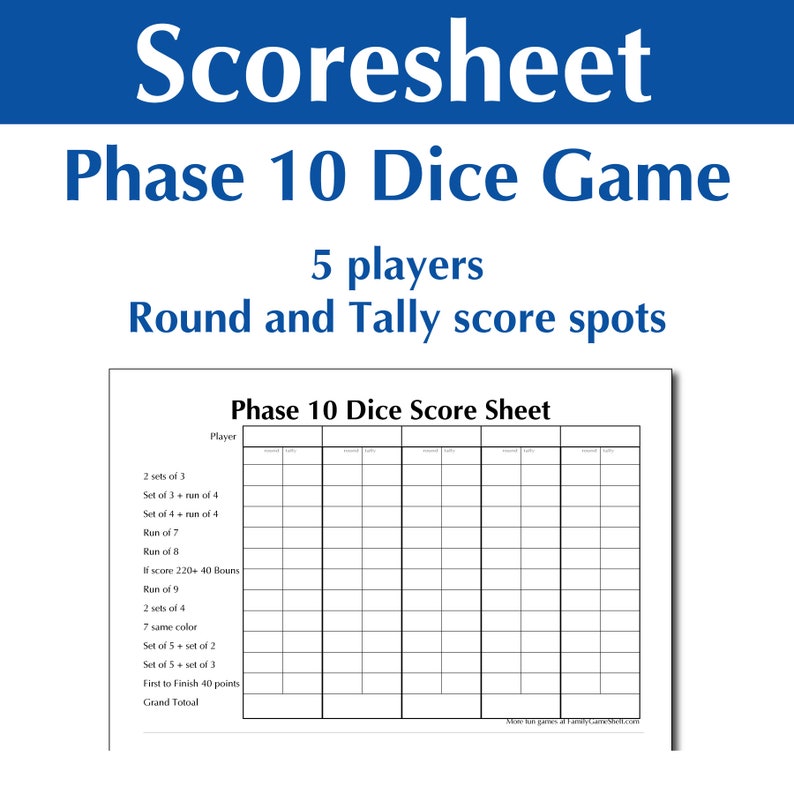 Printable Phase 10 Dice Game Score Sheet Etsy