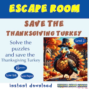 Printable Thanksgiving Escape Room for kids party game, Save the Turkey, escape room kit for kids, party games printable, family game night,
