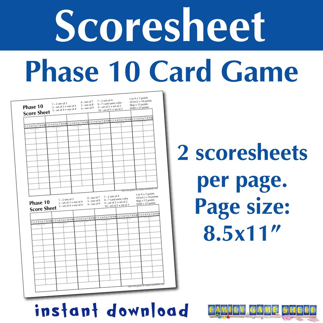 Printable Phase 10 Card Game Score Sheet Phase Ten Scoresheet Phase