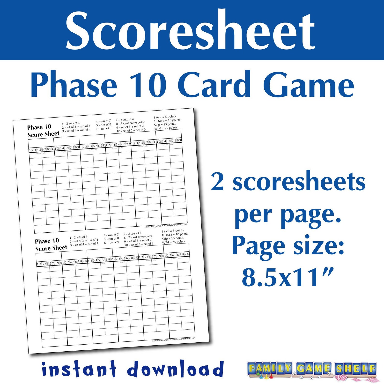 Printable Phase 10 Card Game Score Sheet, Phase Ten Scoresheet, Phase