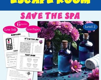 May include: Escape Room game for kids featuring a spa theme. The game includes six puzzles, including a word search, a crossword puzzle, and a code-breaking puzzle. The game is designed for low ink printing and uses less paper. The game is suitable for ages 8 and up.