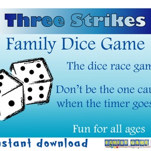 Printable Family Fun Dice Game Three Strikes, Printable dice game for family game night, dice race game