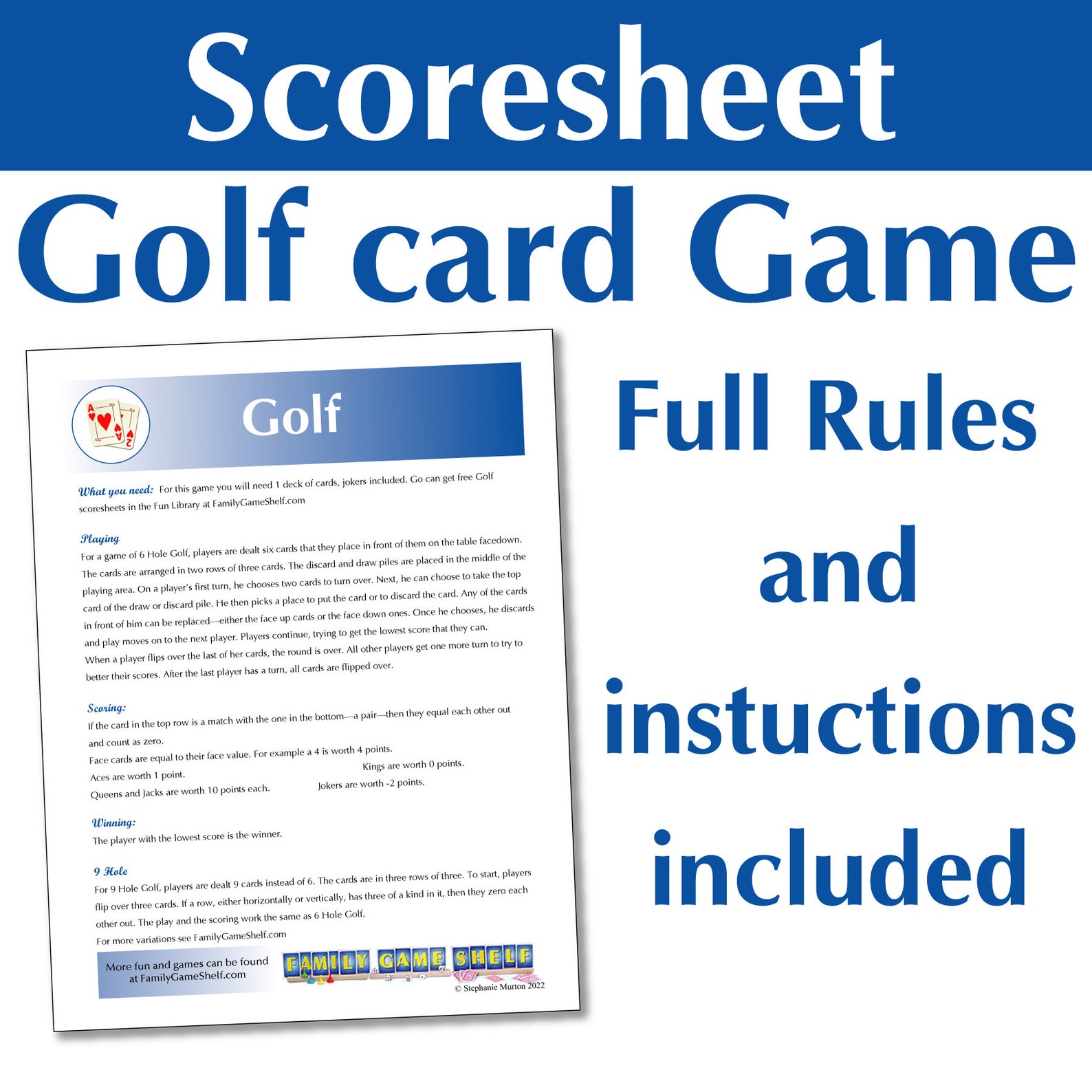 Printable Golf Card Game With Score Sheet, Rules and Card Game