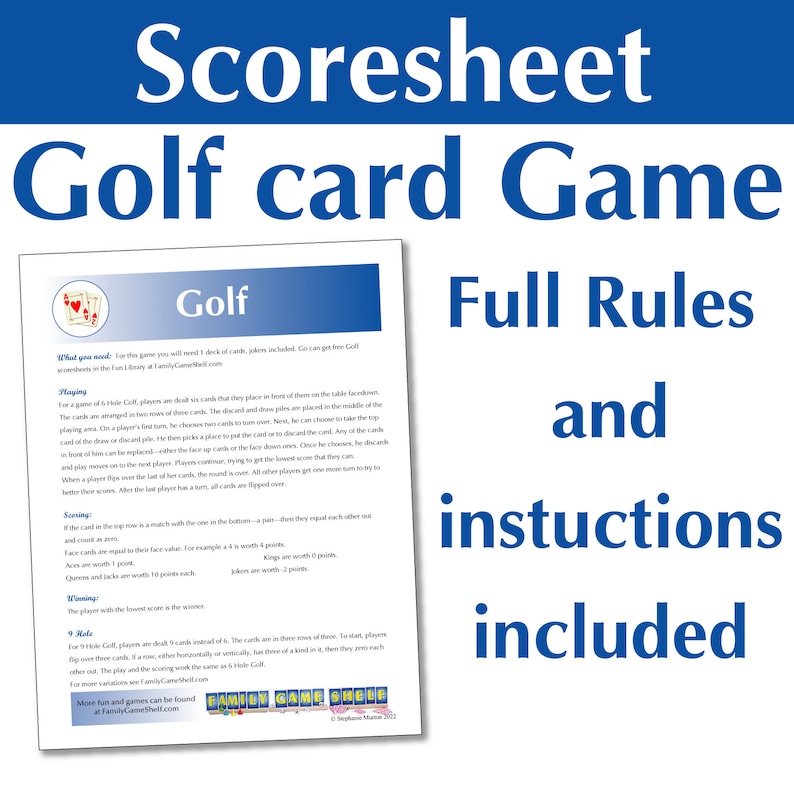 Printable Golf Card Game With Score Sheet, Rules and Card Game