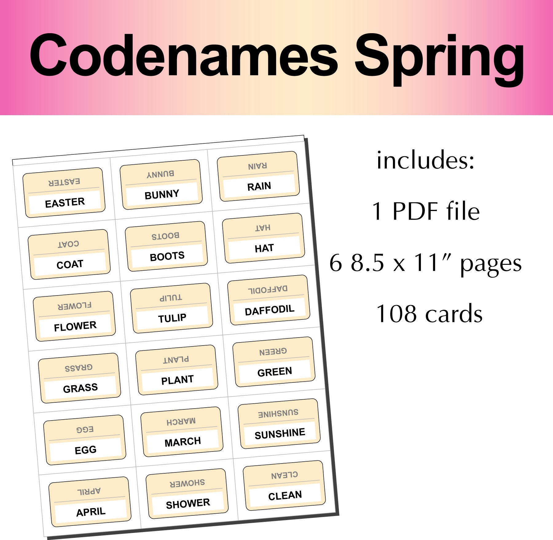 Printable Spring Themed Codename Word Game Add on Cards Etsy