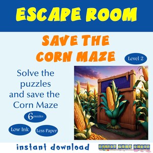 Printable Escape Room for kids party game, Save the Corn Maze, escape room kit for kids, fall party games printable, family game night
