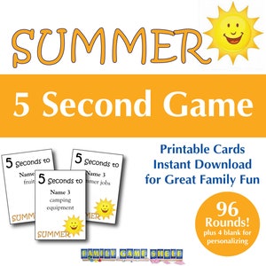 Puede incluir: Un juego de 5 segundos imprimible con temática de verano. El juego incluye 96 rondas y 4 tarjetas en blanco para personalizar. Las tarjetas presentan un sol sonriente y el texto "SUMMER 5 Second Game".