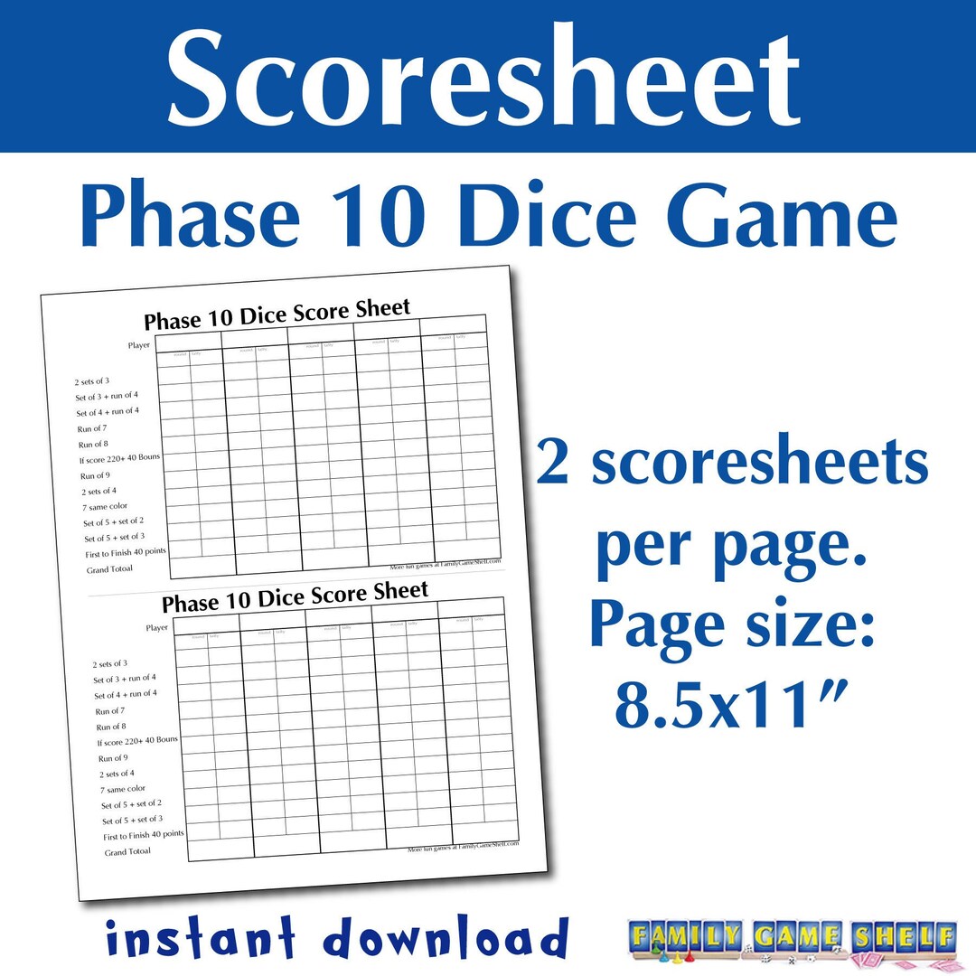 Printable Phase 10 Dice Game Score Sheet Etsy