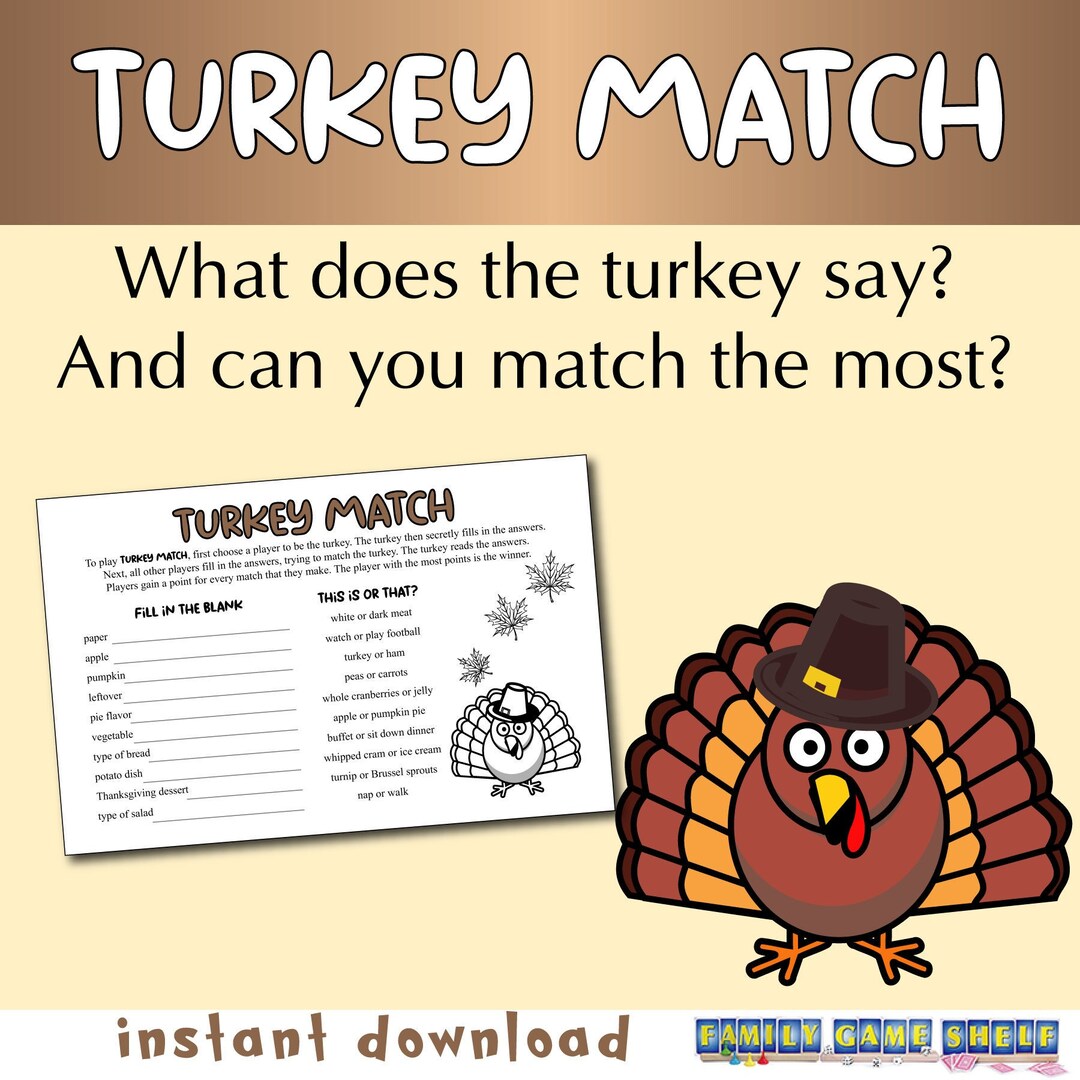 Thanksgiving Game Turkey Match for Families, Printable Thanksgiving Game, Finish the Phrase
