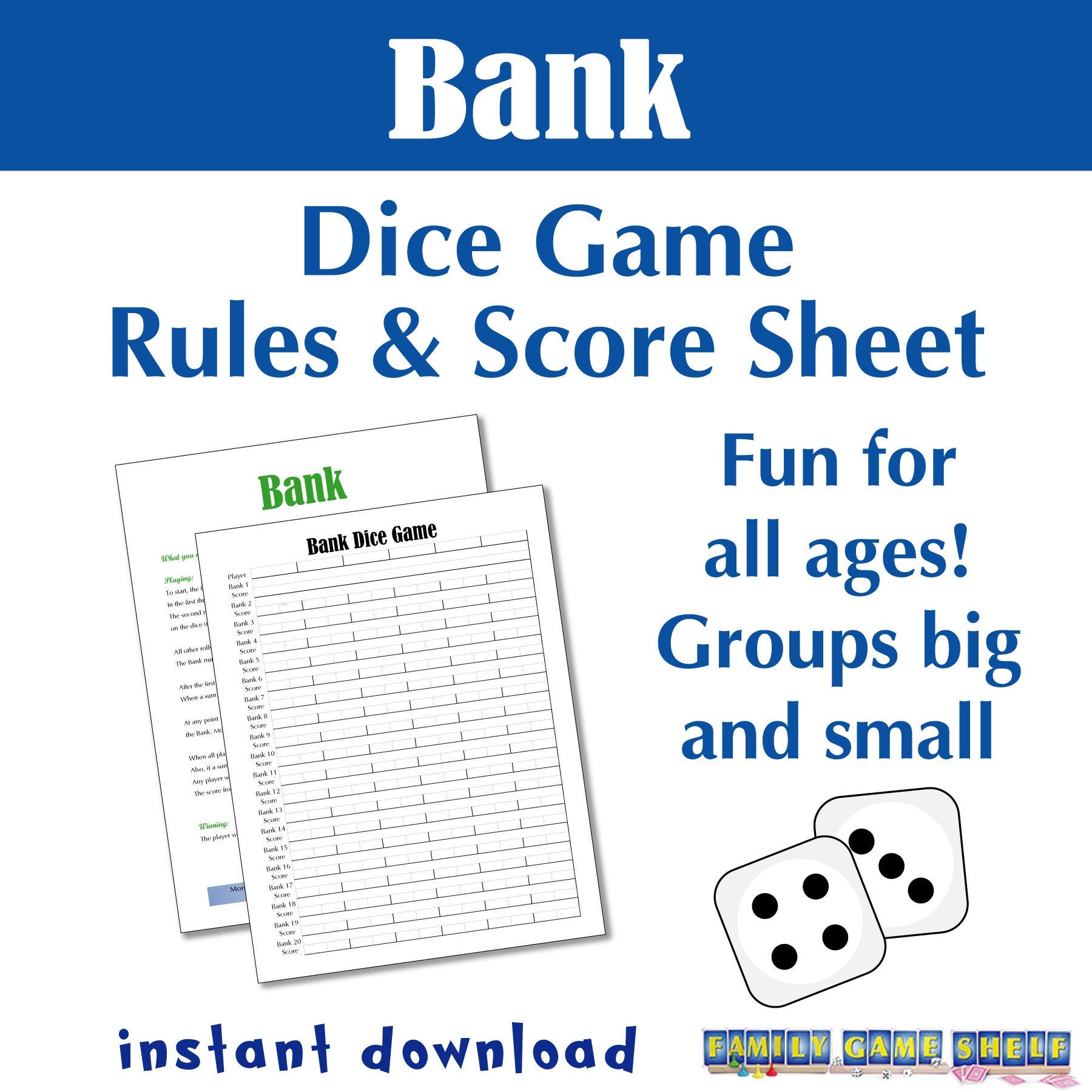 Bank Dice Game Printable Family Game for Game Night or Board Game 