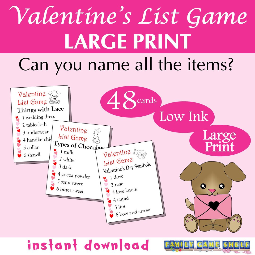Large Print Printable Valentine s Day List Party Game Etsy