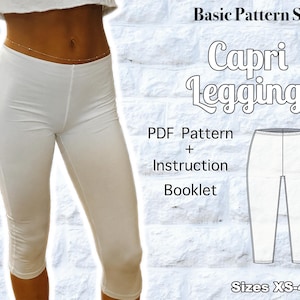May include: White capri leggings with a fitted silhouette. The text reads Basic Pattern Shop, Capri Leggings, PDF Pattern + Instruction Booklet, and Sizes XS-4XL. A black and white line drawing of the leggings is included on the right side.