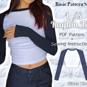 Long Sleeve Raglan Tee | Baseball Crop T-Shirt | Digital PDF Sewing Pattern | US Size XS-3XL | Instant Download with 7 Printable Sizes