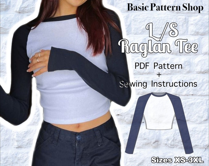 Long Sleeve Raglan Tee Baseball Crop T-shirt Digital PDF Sewing Pattern ...