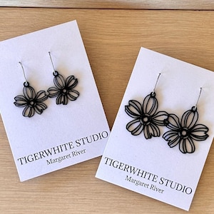 Black Daisy Dangle Earrings, 3D Printed Eco Plastic, Gold/Silver Hooks, Eco Friendly Jewellery