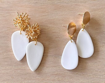 Cove Collection 'Winter White" Clay Earrings, 18k Gold plated, Nickel free, Geometric Clay Dangles, Statement Earrings, Handmade Jewellery