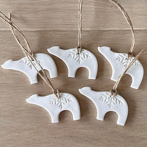 5/10/20 Petite White Embossed Polymer Clay Polar Bears, Christmas Ornaments, Gift Tags, Scandi Decor, Handmade Ornaments