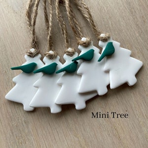 5 White/Green Clay Christmas Tree with Green Birdie Hanging Ornaments, Gift Tags, Scandi Decor, Handmade, Set of 5, Scandi Christmas